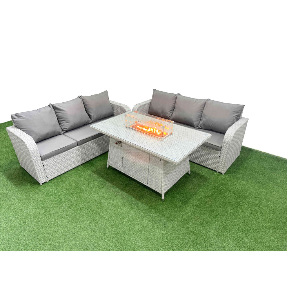 Fimous Outdoor Garden Furniture Sets 6 Seater Wicker Rattan Furniture Sofa Sets with Firepit Dining Table high Back Lounge Sofa Light Grey