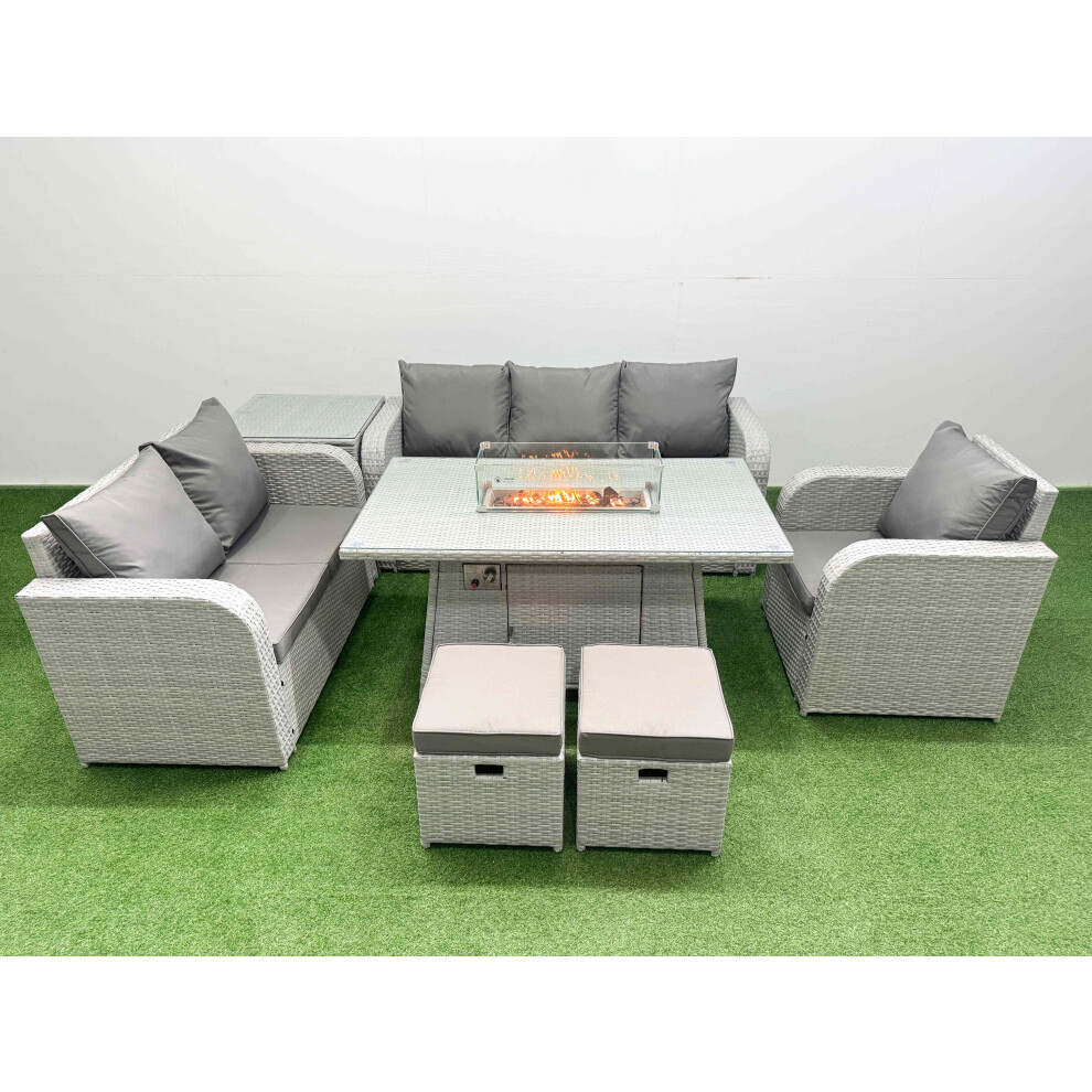 Fimous Patio PE Wicker 8 Seater Outdoor Rattan Furniture Sofa Sets with Firepit Dining Table  Loveseat Sofa  Stool Side Table Light Grey