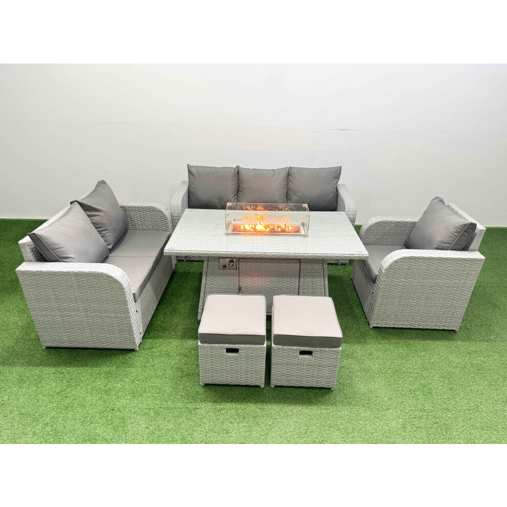Fimous Patio Pe Wicker 8 Seater Outdoor Rattan Furniture Sofa Sets With Firepit Dining Table Loveseat Sofa Stool Light Grey