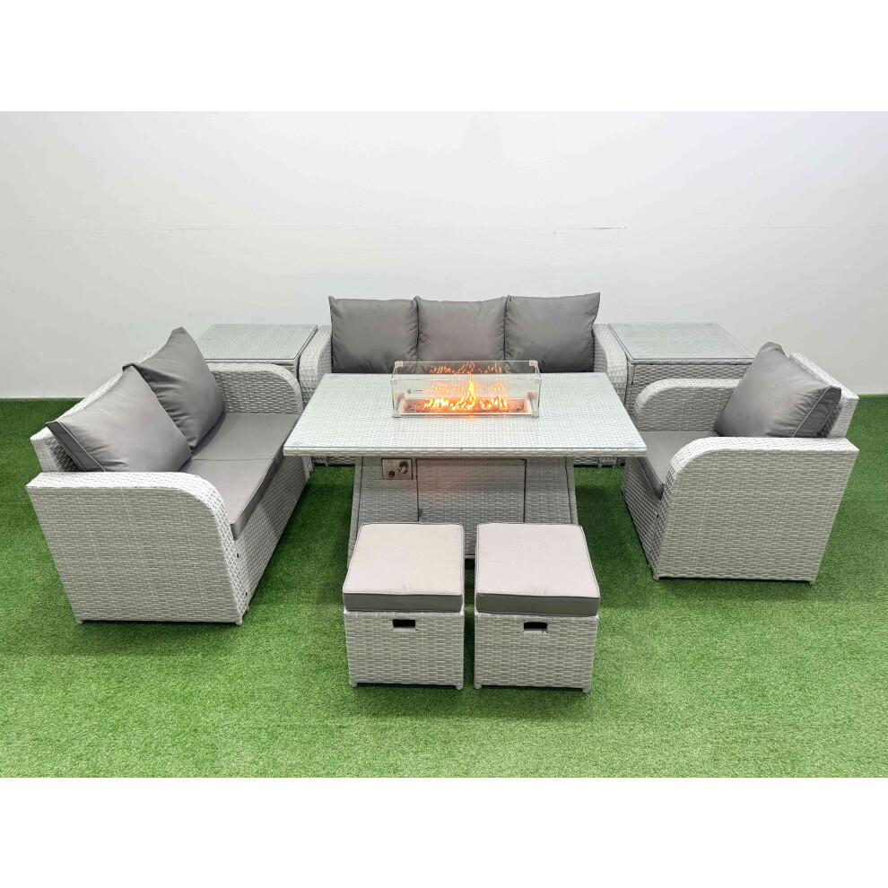 Fimous Patio PE Wicker 8 Seater Outdoor Rattan Furniture Sofa Sets with Firepit Dining Table  Loveseat Sofa  Stool 2 Side Table Light Grey