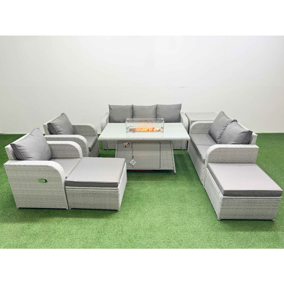 Fimous PE Rattan Garden Furniture Set  Sofa Double Love Seat 2 Seater Sofa Lounge Set Firepit Dining Table 2 Big Footstool Side Table