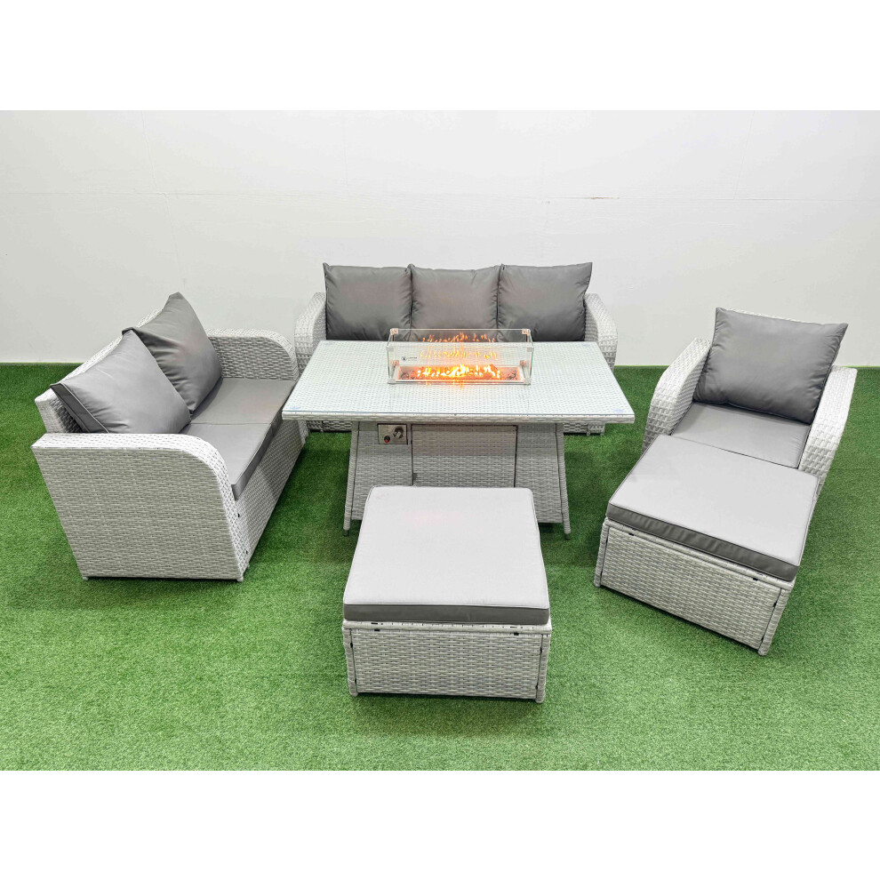 Fimous Patio PE Wicker 8 Seater Outdoor Rattan Furniture Sofa Sets with Firepit Dining Table  Loveseat Sofa  2 Big Footstools Light Grey