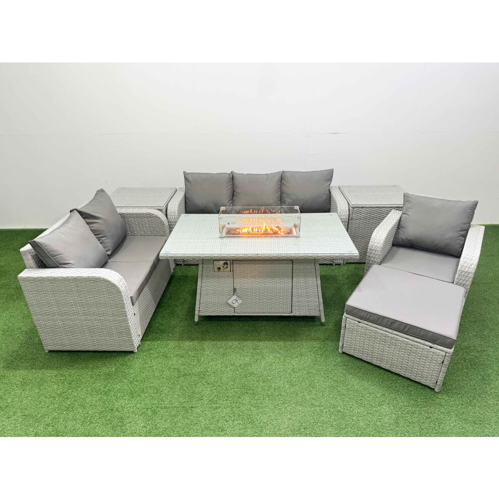 Fimous Patio PE Wicker 7 Seater Outdoor Rattan Furniture Sofa Sets with Firepit Dining Table  Loveseat Sofa  Big Footstool 2 Side Table