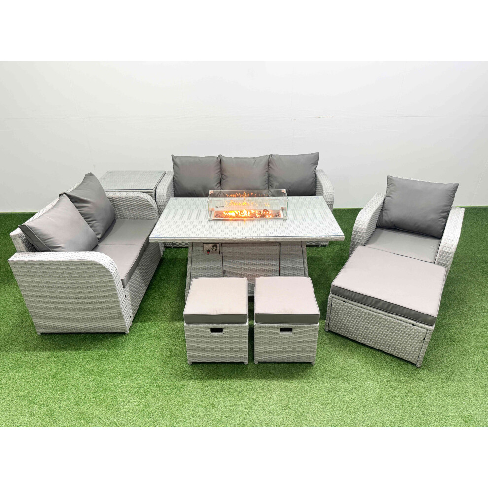 Fimous Patio PE Wicker 9 Seater Outdoor Rattan Furniture Sofa Sets with Firepit Dining Table  Loveseat Sofa  Stool Side Table Light Grey