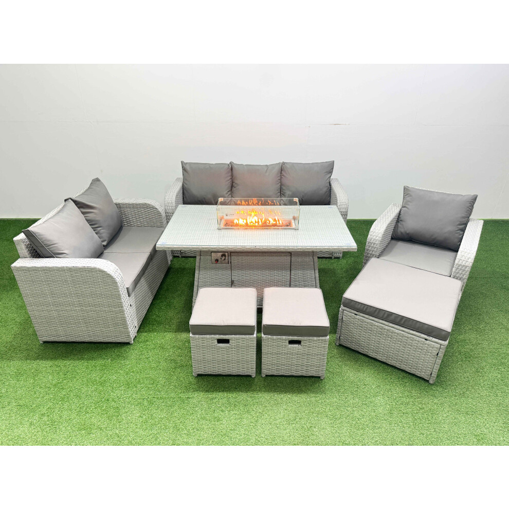 Fimous Patio PE Wicker 9 Seater Outdoor Rattan Furniture Sofa Sets with Firepit Dining Table  Loveseat Sofa  Stool Light Grey