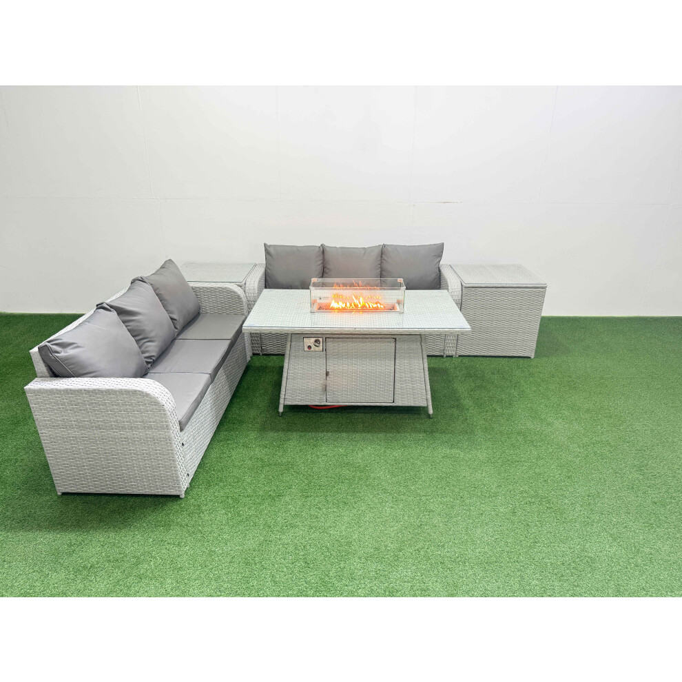Rackhams Light/Grey Outdoor Garden Furniture Set 6 Seater Rattan Furniture With Fire Pit Dining Table High Back Lounge Sofa 2 Side Table - Image 2
