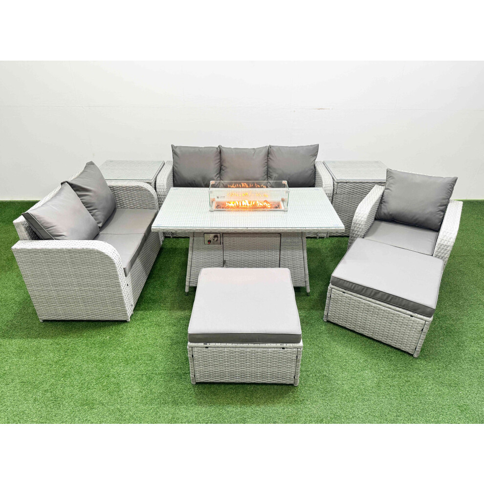 Fimous Patio PE Wicker 8 Seater Outdoor Rattan Furniture Sofa Sets with Firepit Dining Table  Loveseat Sofa  2 Big Footstools 2 Side Table