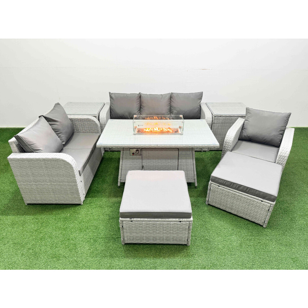Fimous Patio Pe Wicker 8 Seater Outdoor Rattan Furniture Sofa Sets With Firepit Dining Table Loveseat Sofa 2 Big Footstools 2 Side Table