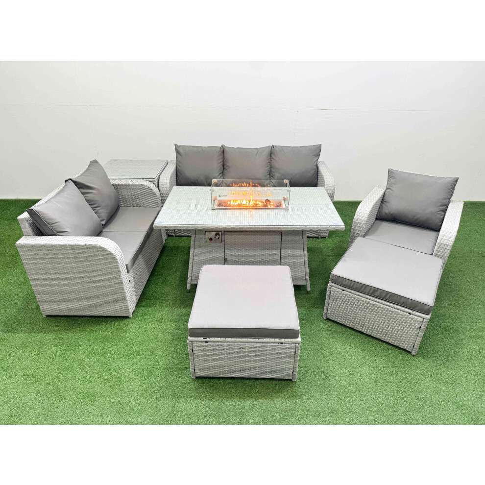 Fimous Patio PE Wicker 8 Seater Outdoor Rattan Furniture Sofa Sets with Firepit Dining Table  Loveseat Sofa  2 Big Footstools Side Table