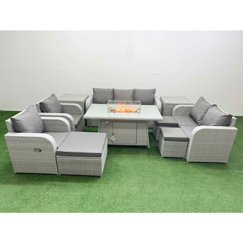 Rackhams Light/Grey 10 Seater Rattan Garden Furniture Set With Fire Pit Dining Table, 2 Reclining Chairs, 2 Sofas, 3 Stools & 2 Side Tables - Image 2