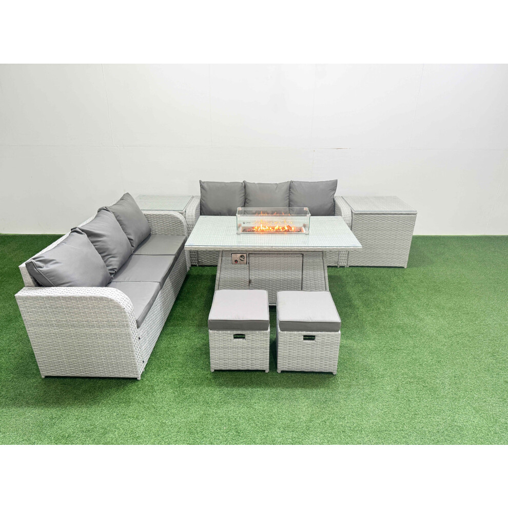 Fimous Unisex Light Grey Outdoor Garden Furniture Sets Seater Wicker Rattan Furniture Sofa Sets W/ Firepit Dining Table High Back Lounge Sofa Stools 2 Side Table Size 8 - Image 2