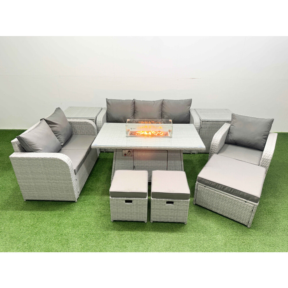 Fimous Patio PE Wicker 9 Seater Outdoor Rattan Furniture Sofa Sets with Firepit Dining Table  Loveseat Sofa  Stool 2 Side Table Light Grey