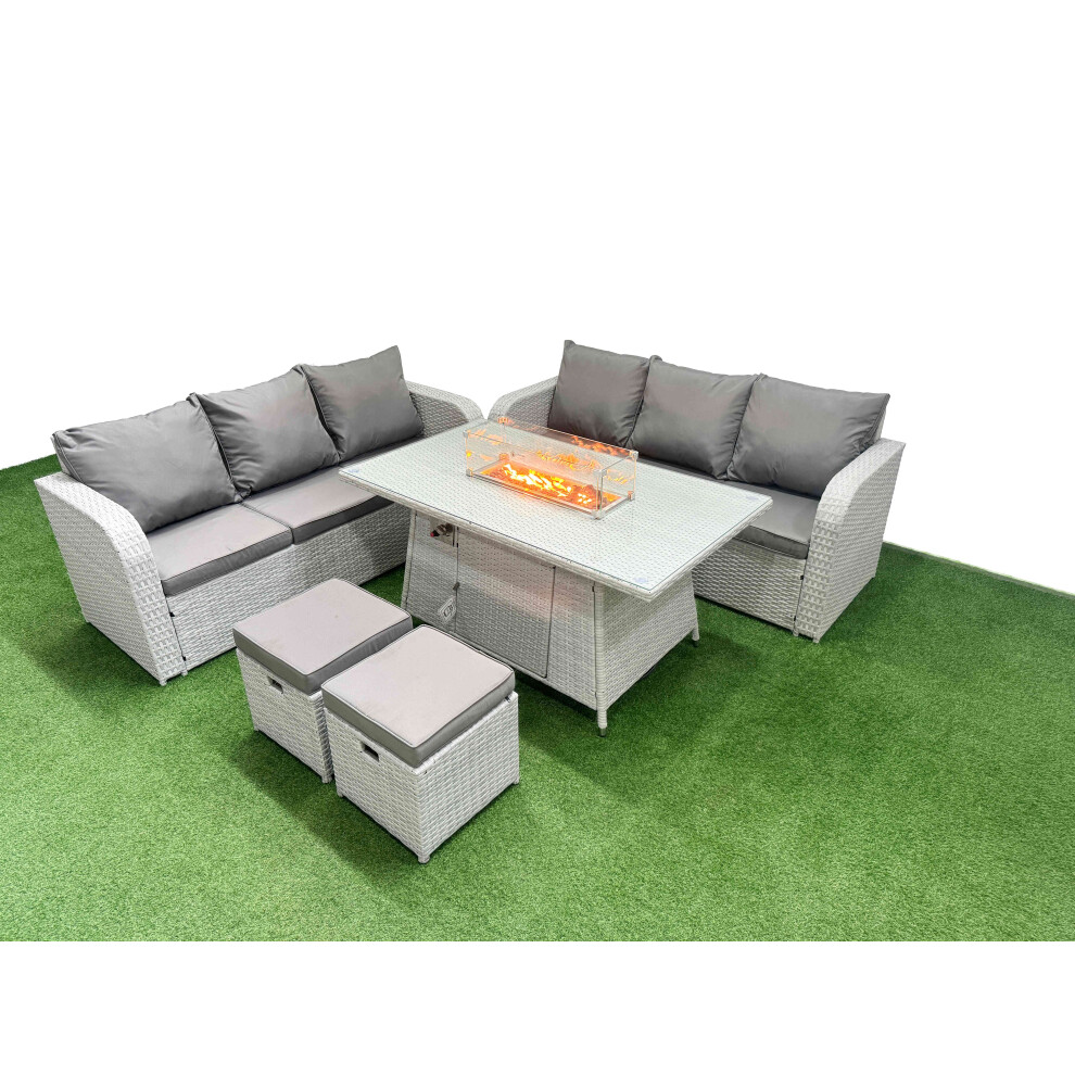 Fimous Outdoor Garden Furniture Sets 8 Seater Wicker Rattan Furniture Sofa Sets with Firepit Dining Table  Stools Light Grey