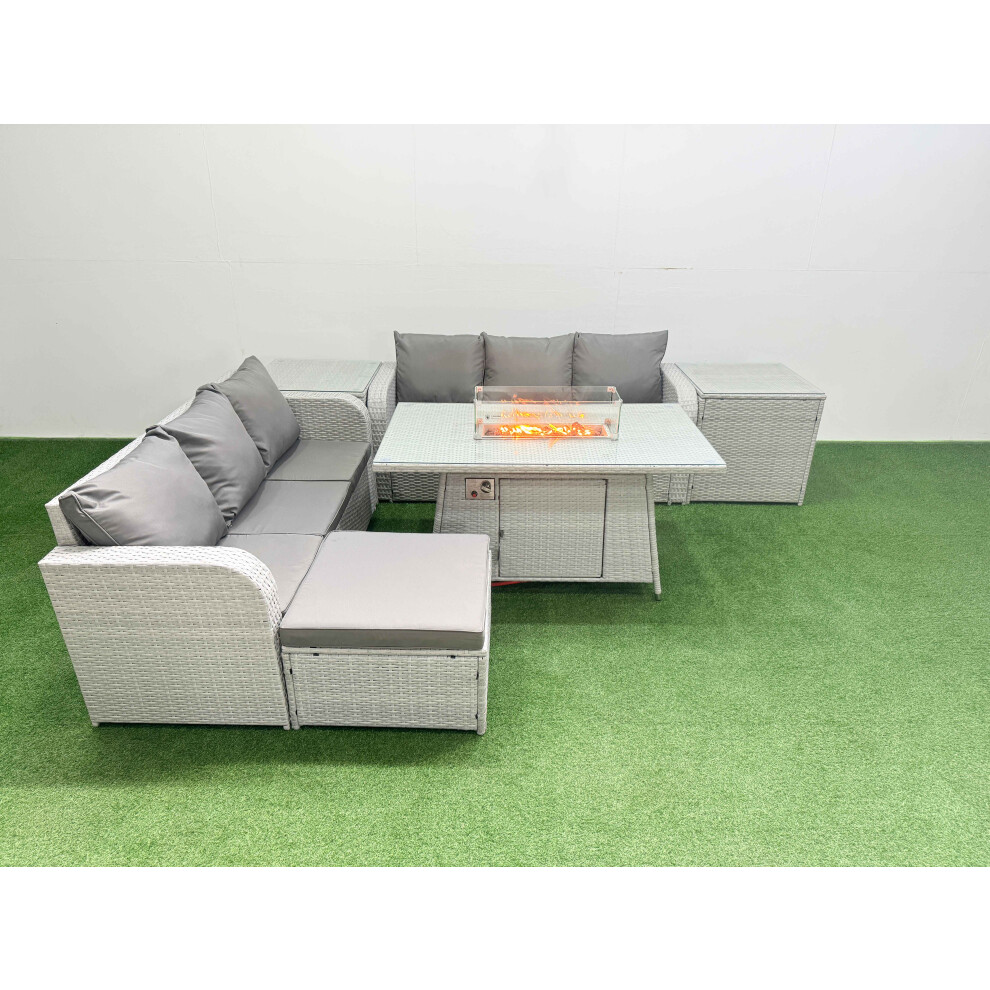Fimous Unisex Light Grey Outdoor Garden Furniture Sets Seater Wicker Rattan Furniture Sofa Sets W/ Firepit Dining Table High Back Lounge Sofa Big Footstool 2 Side Size 7 - Image 2