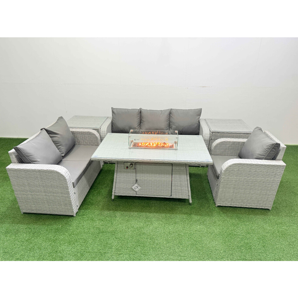Fimous Light/Grey 6 Seater Rattan Garden Furniture Set With Fire Pit Dining Table, Reclining Chair, Loveseat Sofa, 3 Seater Sofa, 2 Side Tables - Image 2