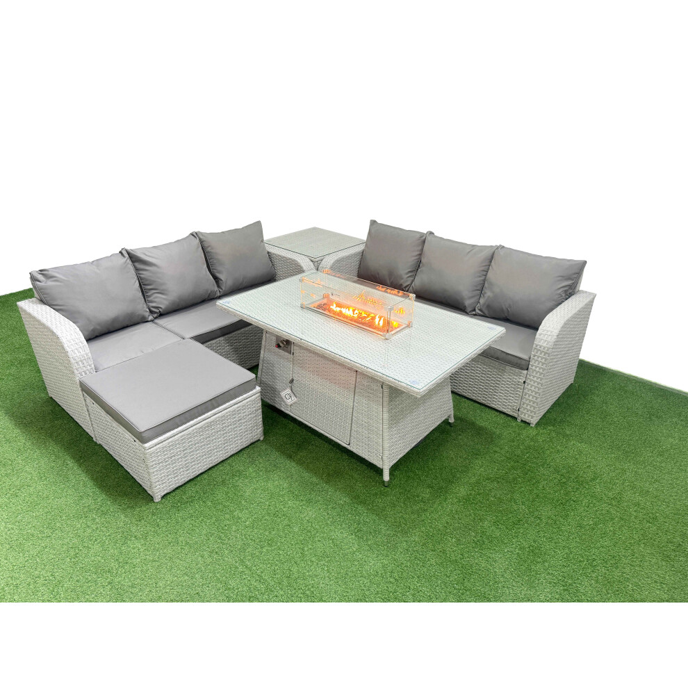 Fimous Outdoor Garden Furniture Sets 7 Seater Wicker Rattan Furniture Sofa Sets with Firepit Dining Table  Big Footstool Side Table Light Grey