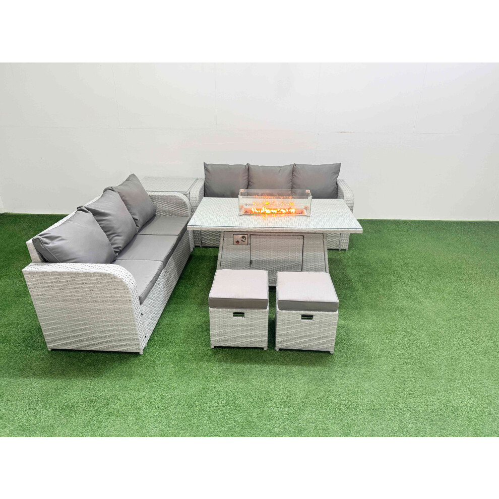 Fimous Outdoor Garden Furniture Sets 8 Seater Wicker Rattan Furniture Sofa Sets with Firepit Dining Table  Stools Side Table Light Grey