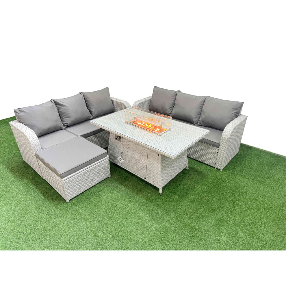 Fimous Outdoor Garden Furniture Sets 7 Seater Wicker Rattan Furniture Sofa Sets with Firepit Dining Table  Big Footstool Light Grey