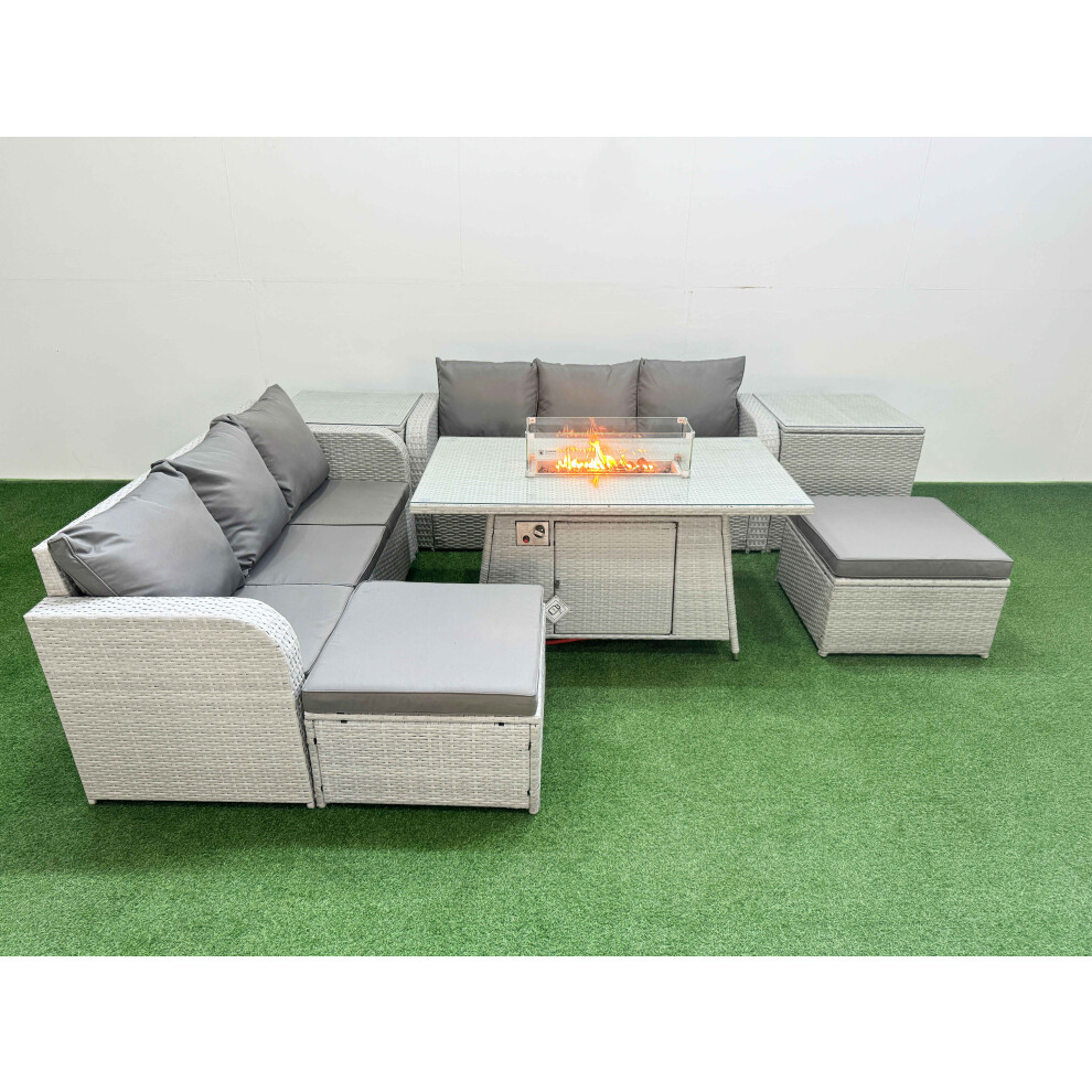 Fimous Outdoor Garden Furniture Sets 8 Seater Wicker Rattan Furniture Sofa Sets with Firepit Dining Table  2 Big Footstool 2 Side Table Light Grey