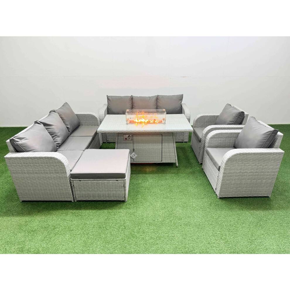 Fimous PE Rattan  Set Patio Firepit Dining Table & Chairs Set with 3 Seater Sofa Reclining Chair Big Footstool Light Grey