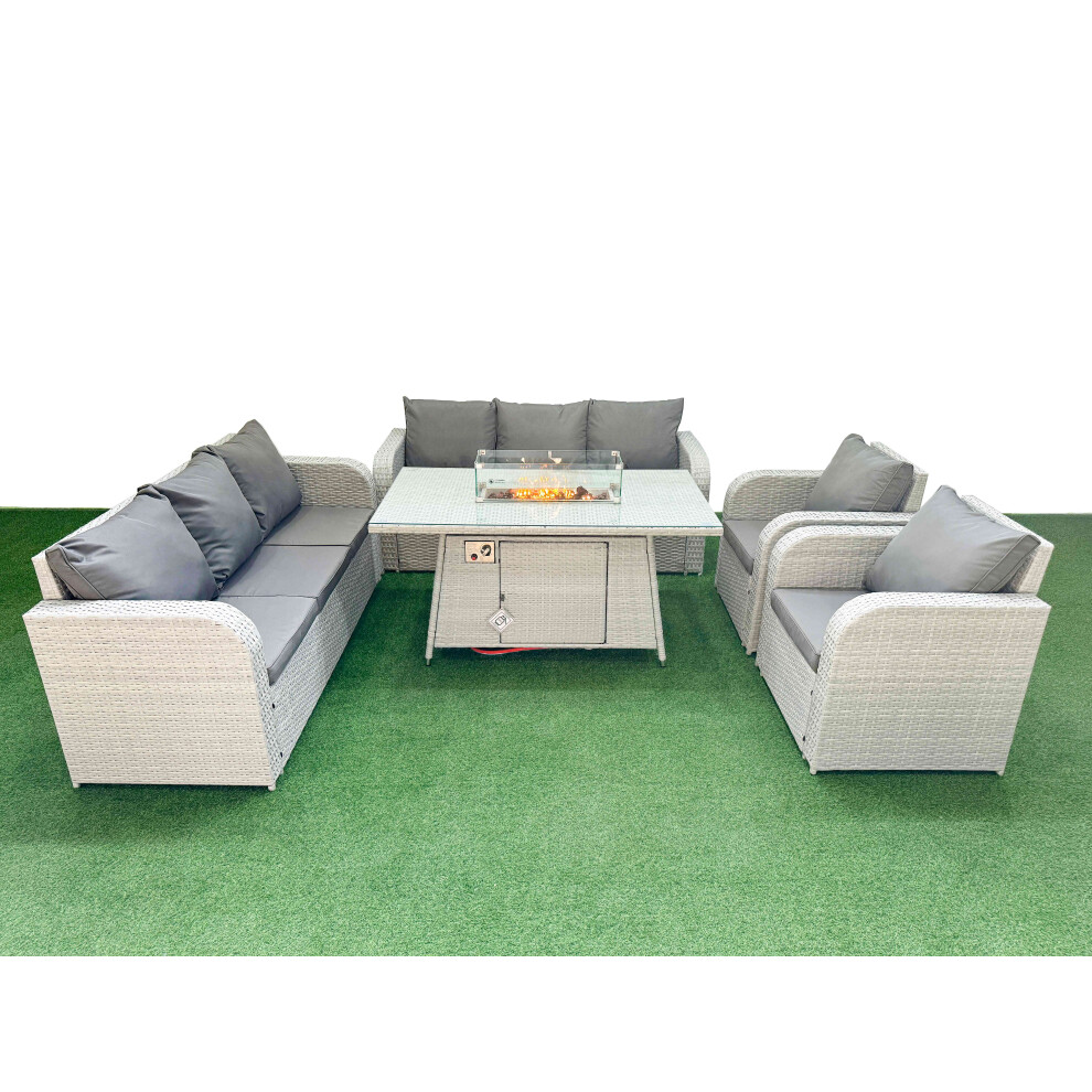 Fimous PE Rattan High Back Lounge Sofa Set Patio Firepit Dining Table & Chairs Set with 3 Seater Sofa Reclining Chair Light Grey