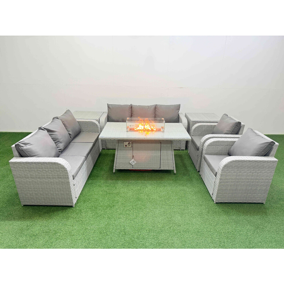 Fimous PE Rattan  Set Patio Firepit Dining Table & Chairs Set with 3 Seater Sofa Reclining Chair 2 Side Table Light Grey