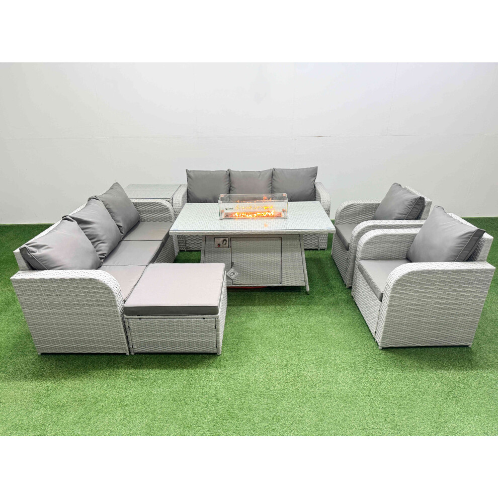 Fimous PE Rattan  Set Patio Firepit Dining Table & Chairs Set with 3 Seater Sofa Reclining Chair Big Footstool Side Table Light Grey