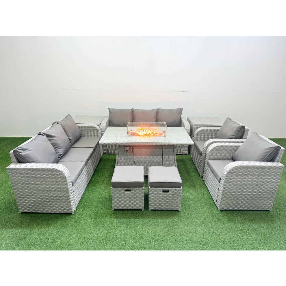 Fimous PE Rattan  Set Patio Firepit Dining Table & Chairs Set with 3 Seater Sofa Reclining Chair Stools 2 Side Table Light Grey