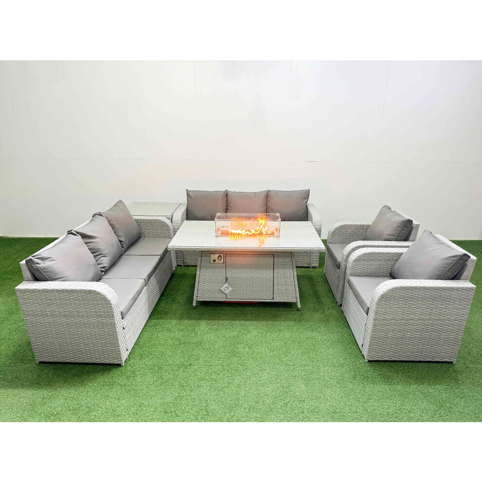 Fimous Pe Rattan Set Patio Firepit Dining Table & Chairs Set With 3 Seater Sofa Reclining Chair Side Table Light Grey