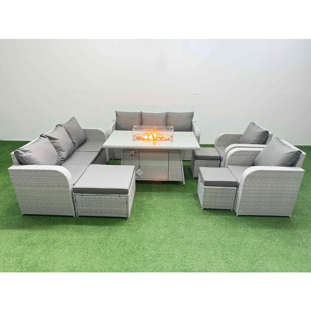 Fimous PE Rattan  Set Patio Firepit Dining Table & Chairs Set with 3 Seater Sofa Reclining Chair 3 Stools Light Grey