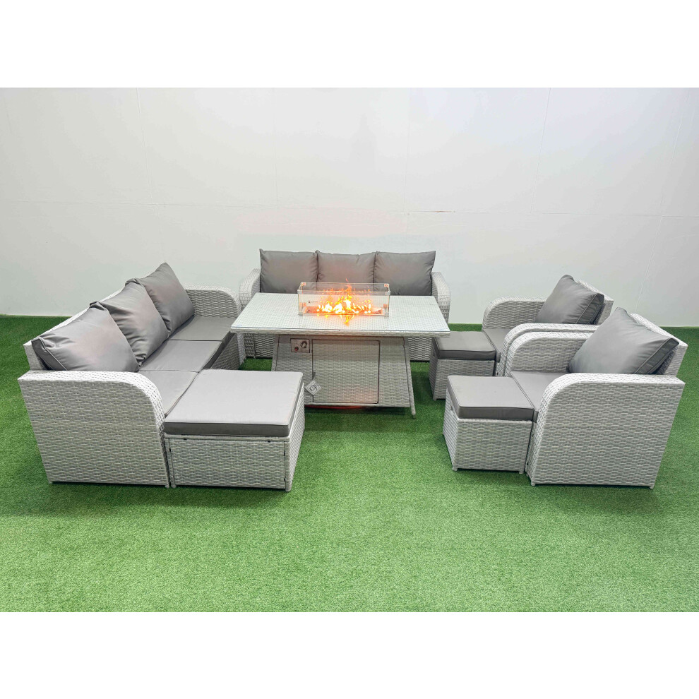 Fimous Pe Rattan Set Patio Firepit Dining Table & Chairs Set With 3 Seater Sofa Reclining Chair 3 Stools Light Grey