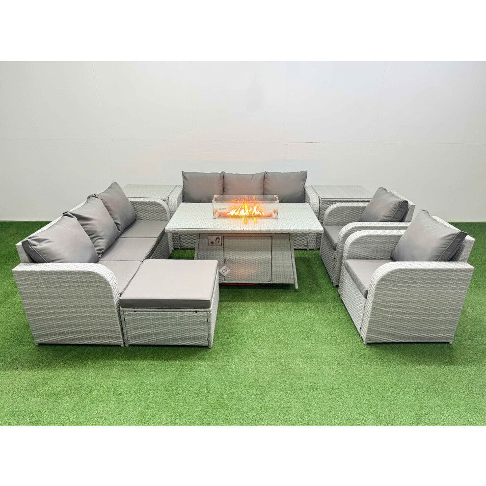 Fimous PE Rattan  Set Patio Firepit Dining Table & Chairs Set with 3 Seater Sofa Reclining Chair Big Footstool 2 Side Table Light Grey