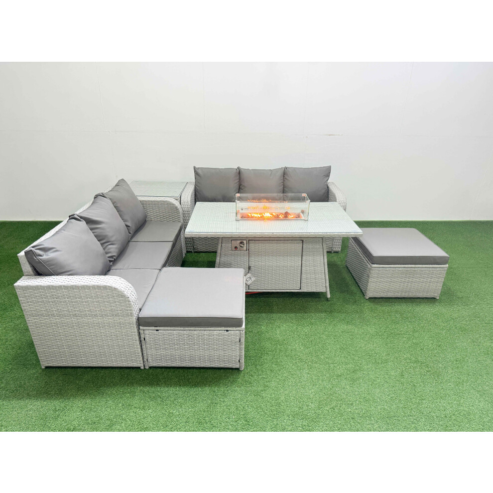 Fimous Outdoor Garden Furniture Sets 8 Seater Wicker Rattan Furniture Sofa Sets with Firepit Dining Table  2 Big Footstool Side Table Light Grey