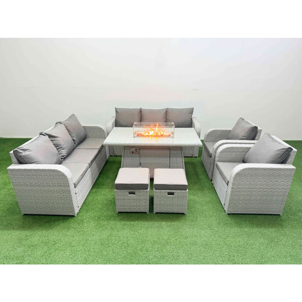 Fimous Pe Rattan Set Patio Firepit Dining Table & Chairs Set With 3 Seater Sofa Reclining Chair Stools Light Grey