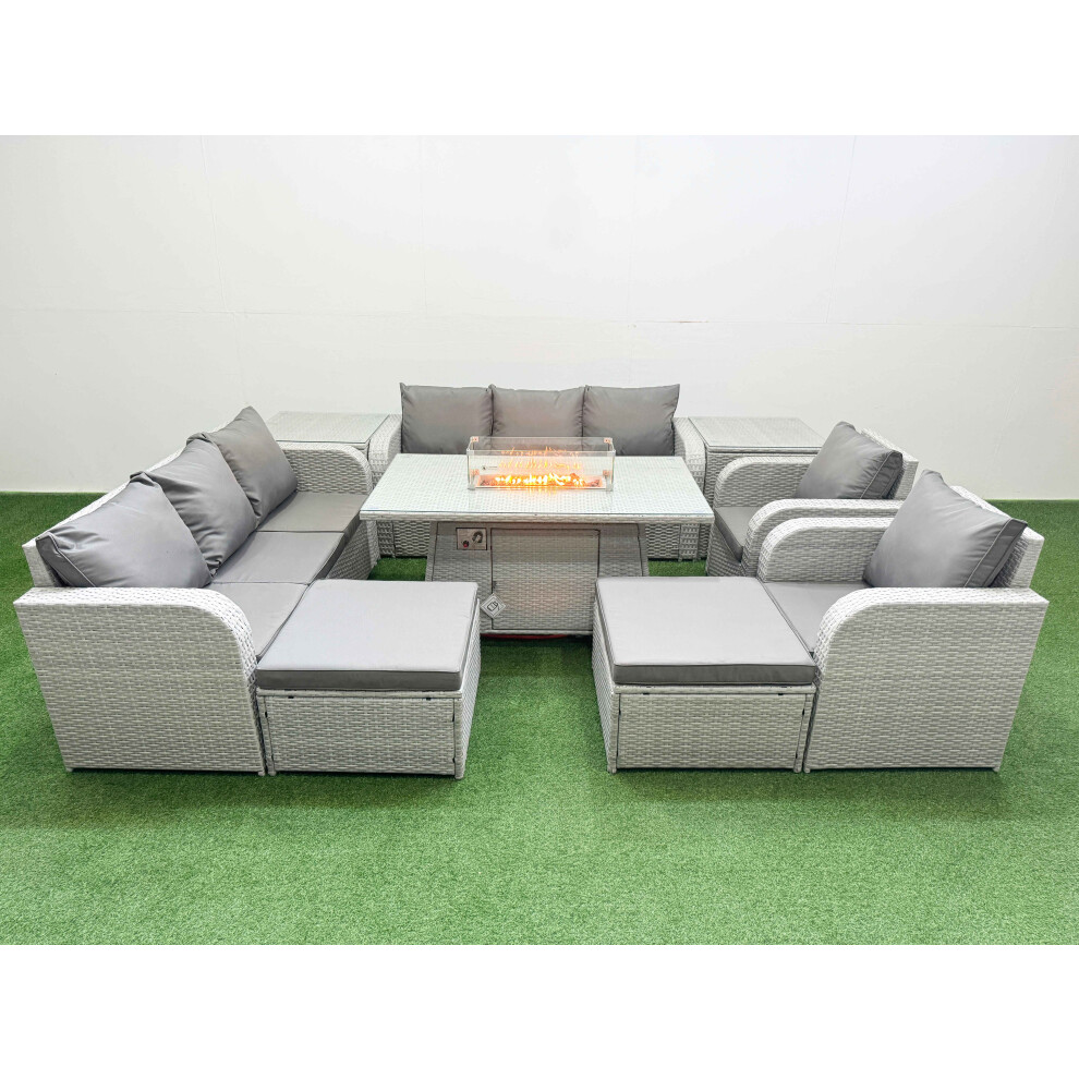 Fimous PE Rattan  Set Patio Firepit Dining Table & Chairs Set with 3 Seater Sofa Reclining Chair 2 Big Footstool 2 Side Table Light Grey