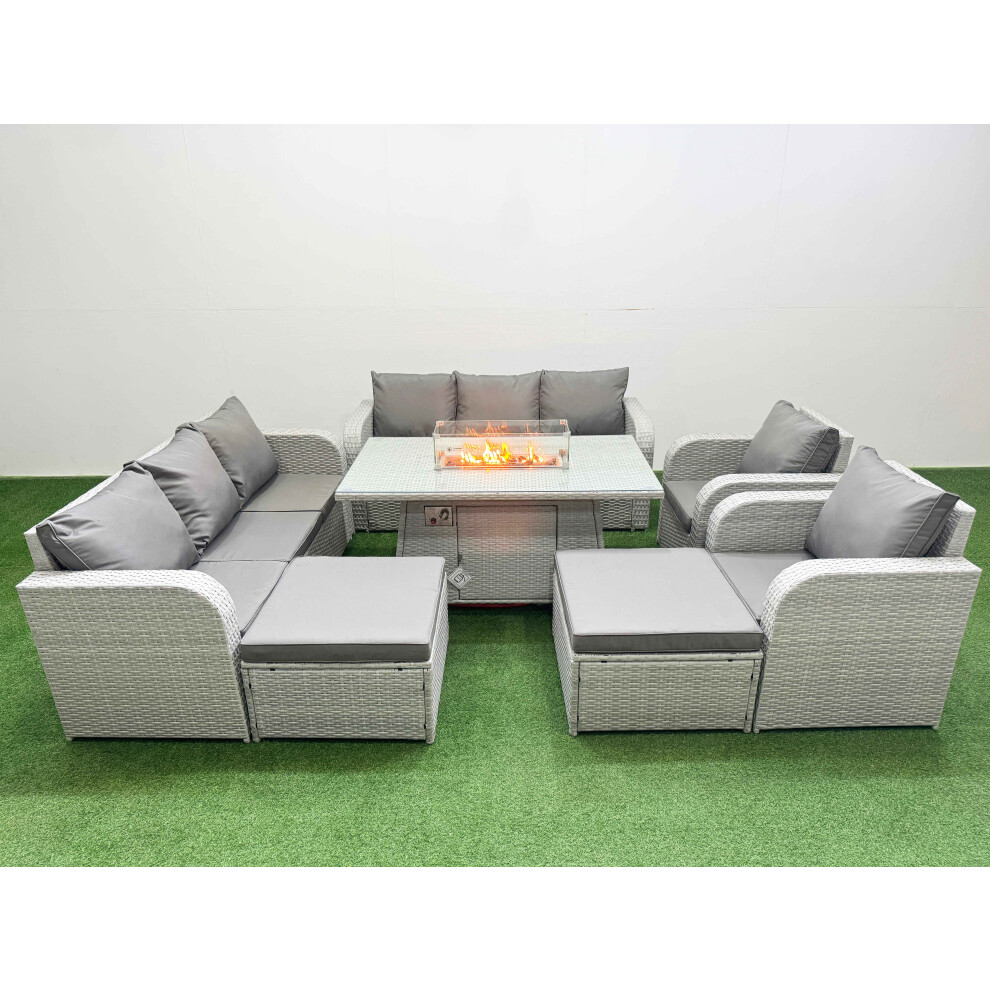 Fimous PE Rattan Set Patio Firepit Dining Table & Chairs Set With 3 Seater Sofa Reclining Chair 2 Big Footstool Light Grey