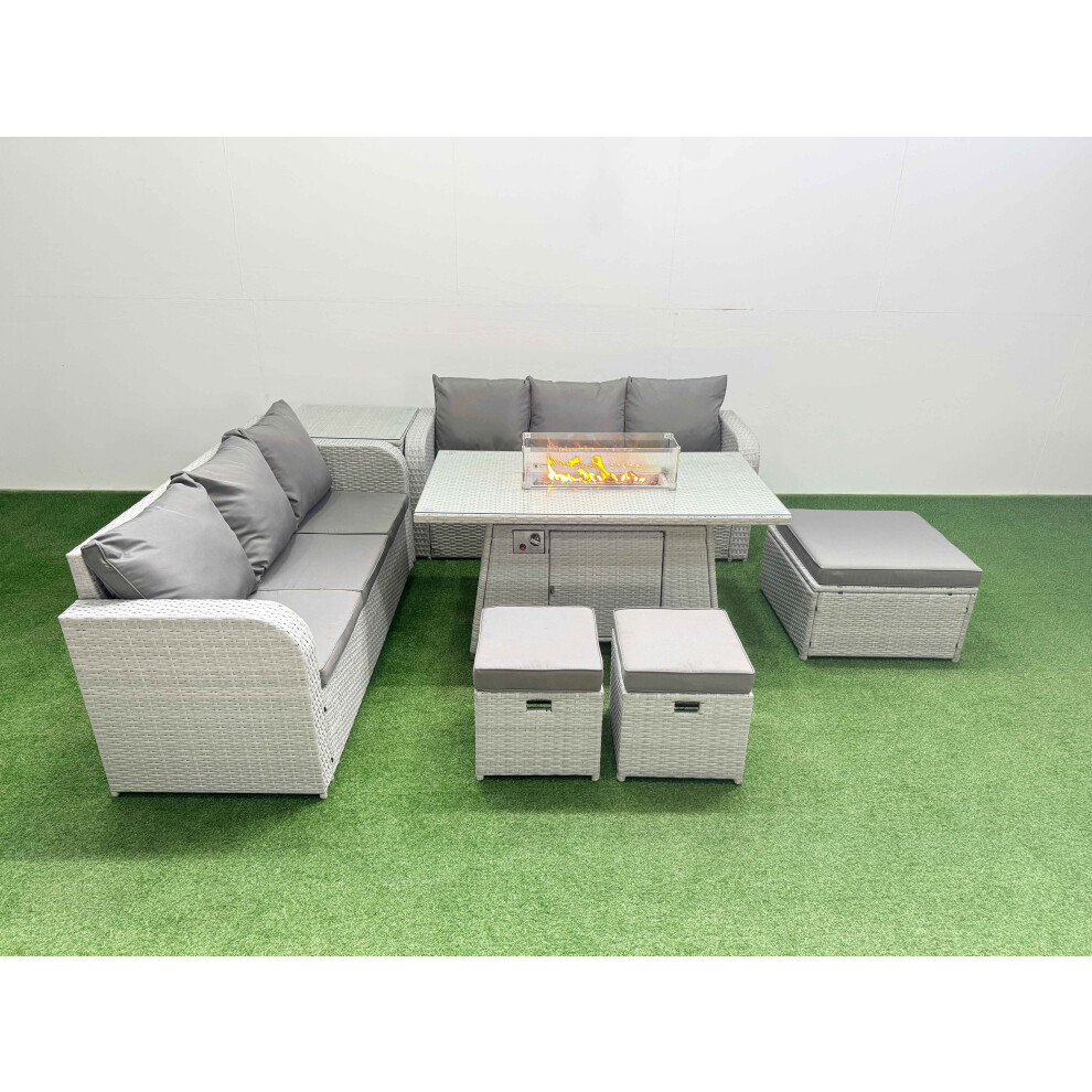 Fimous Outdoor Garden Furniture Sets 9 Seater Wicker Rattan Furniture Sofa Sets with Firepit Dining Table  3 Stools Side Table Light Grey