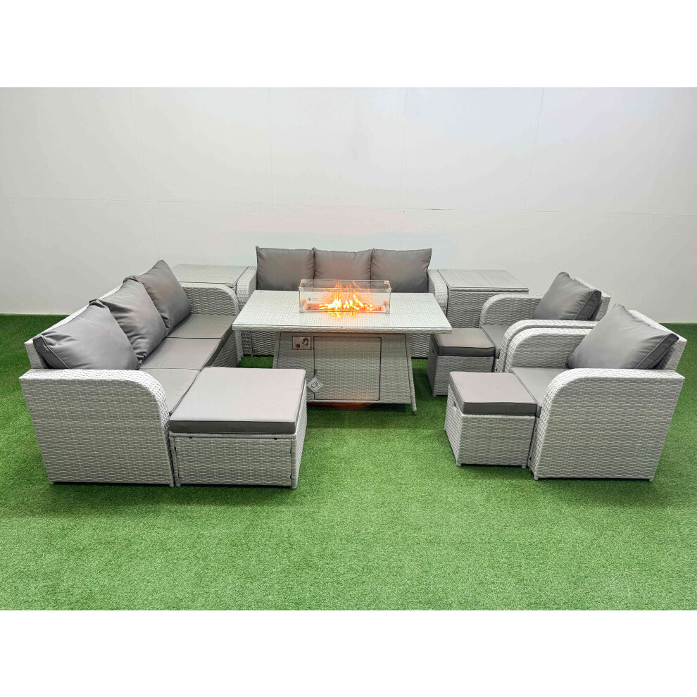 Fimous PE Rattan  Set Patio Firepit Dining Table & Chairs Set with 3 Seater Sofa Reclining Chair 3 Stools 2 Side Table Light Grey