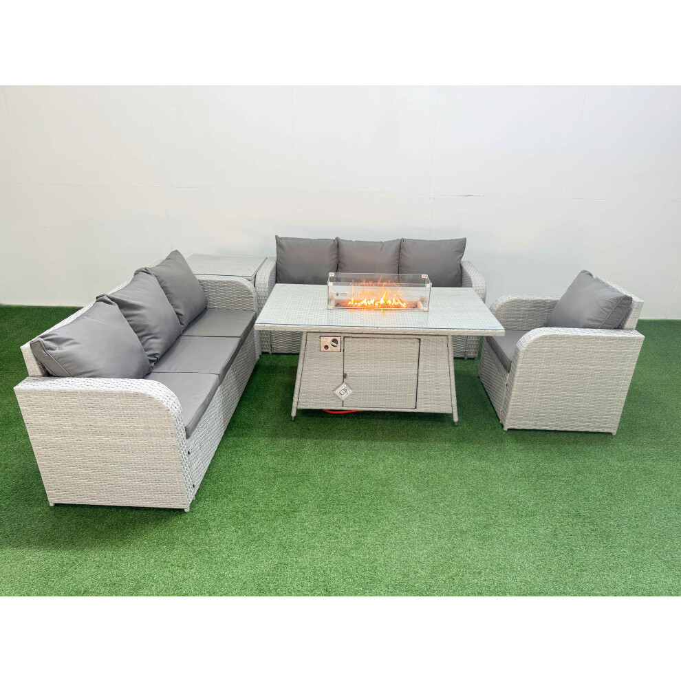 Fimous 7 Seater Poly Rattan Outdoor Garden Furniture Firepit Dining Table Sofa Set Patio Reclining Chair Side Table Light Grey