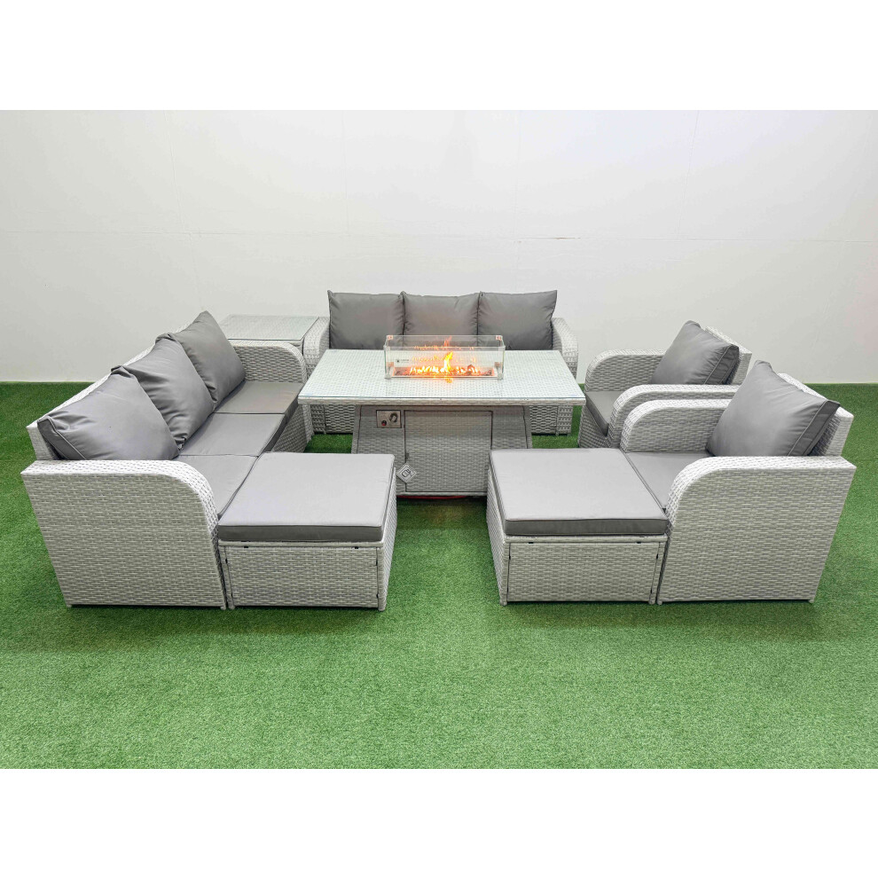 Fimous PE Rattan  Set Patio Firepit Dining Table & Chairs Set with 3 Seater Sofa Reclining Chair 2 Big Footstool Side Table Light Grey