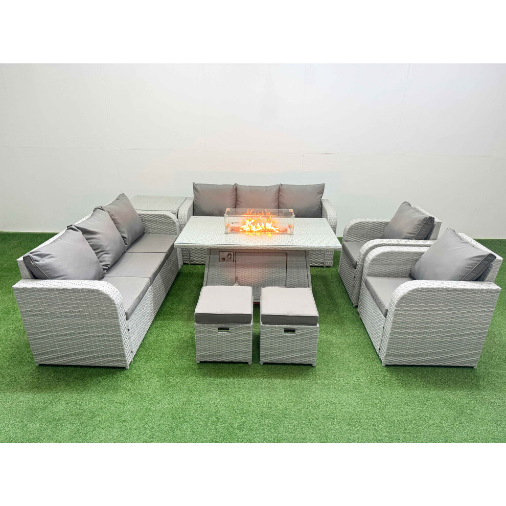 Fimous PE Rattan  Set Patio Firepit Dining Table & Chairs Set with 3 Seater Sofa Reclining Chair Stools Side Table Light Grey