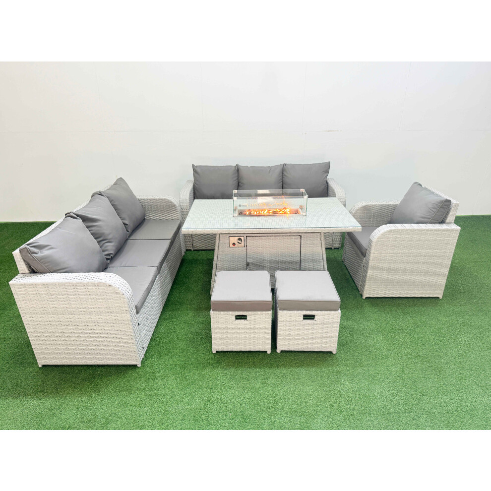 Fimous 9 Seater Poly Rattan Outdoor Garden Furniture Firepit Dining Table Sofa Set Patio Reclining Chair Stools Light Grey