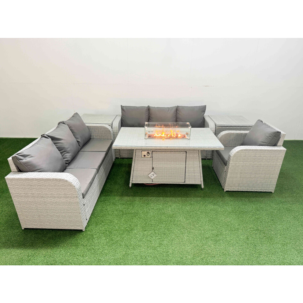 Fimous 7 Seater Poly Rattan Outdoor Garden Furniture Firepit Dining Table Sofa Set Patio Reclining Chair 2 Side Table Light Grey