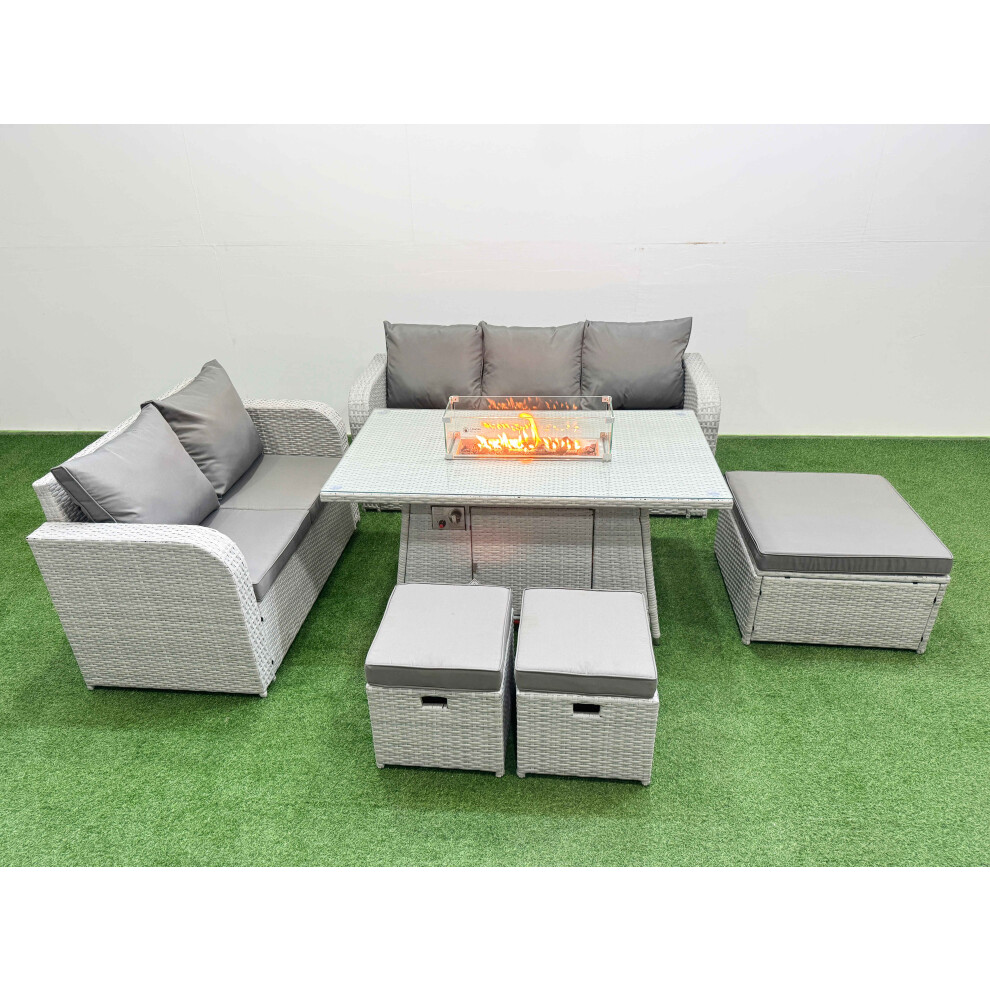 Fimous 8 Seater PE Rattan Wicker Garden Furniture Patio Conservatory Sofa Set with Firepit Dining Table Love Sofa 3 Stool