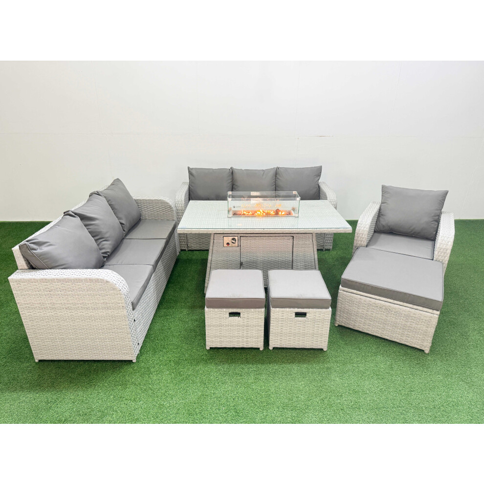 Fimous 10 Seater Poly Rattan Outdoor Garden Furniture Firepit Dining Table Sofa Set Patio Reclining Chair 3 Stools Light Grey