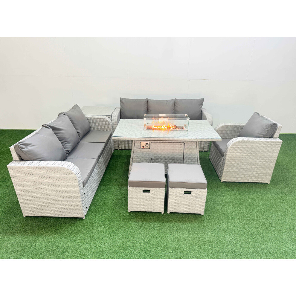 Fimous 9 Seater Poly Rattan Outdoor Garden Furniture Firepit Dining Table Sofa Set Patio Reclining Chair Stools Side Table Light Grey