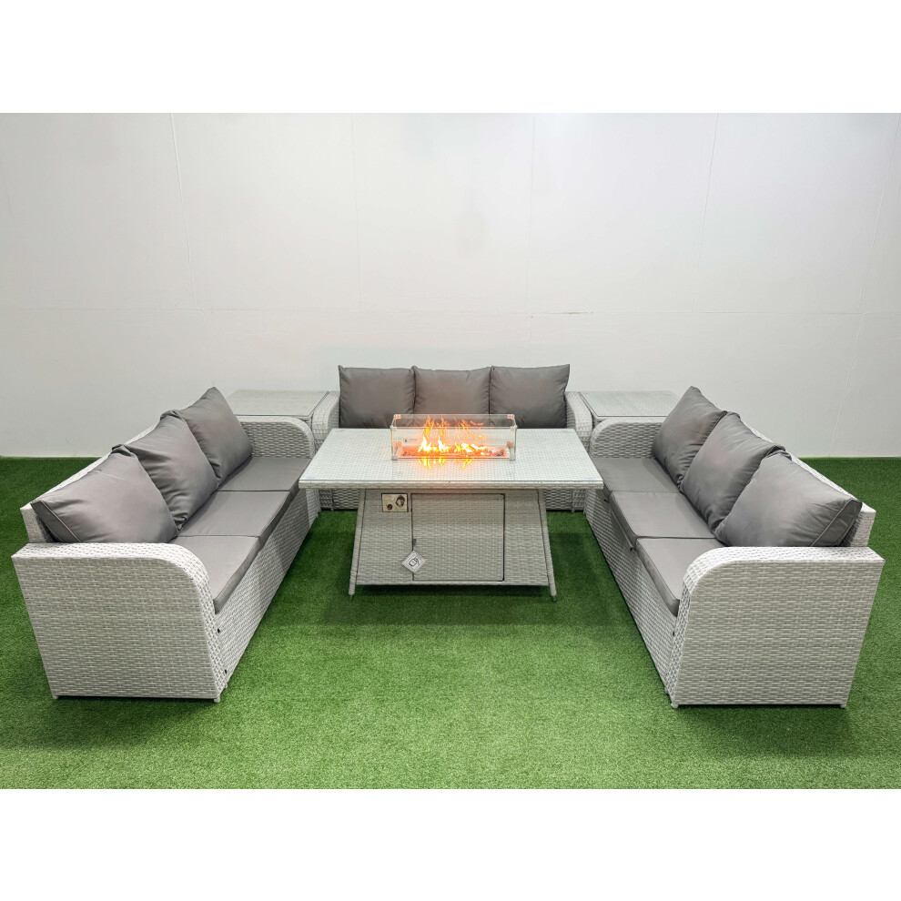 Fimous PE Rattan Lounge Sofa Set 9 Seater Outdoor Garden Furniture Set with Firepit Dining Table 3 Seater Sofa 2 Side Table Light Grey