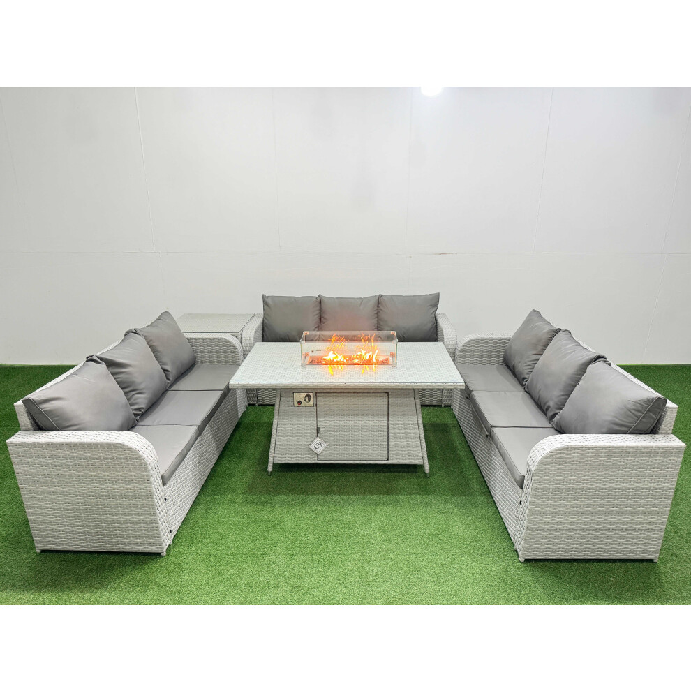 Fimous PE Rattan Lounge Sofa Set 9 Seater Outdoor Garden Furniture Set with Firepit Dining Table 3 Seater Sofa Side Table Light Grey