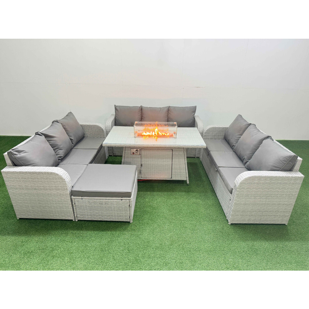 Fimous PE Rattan Lounge Sofa Set 10 Seater Outdoor Garden Furniture Set with Firepit Dining Table 3 Seater Sofa Big Footstool Light Grey