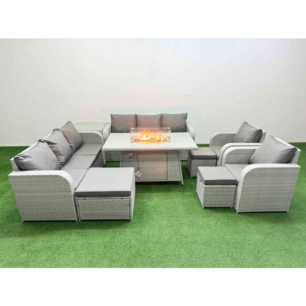 Fimous PE Rattan  Set Patio Firepit Dining Table & Chairs Set with 3 Seater Sofa Reclining Chair 3 Stools Side Table Light Grey